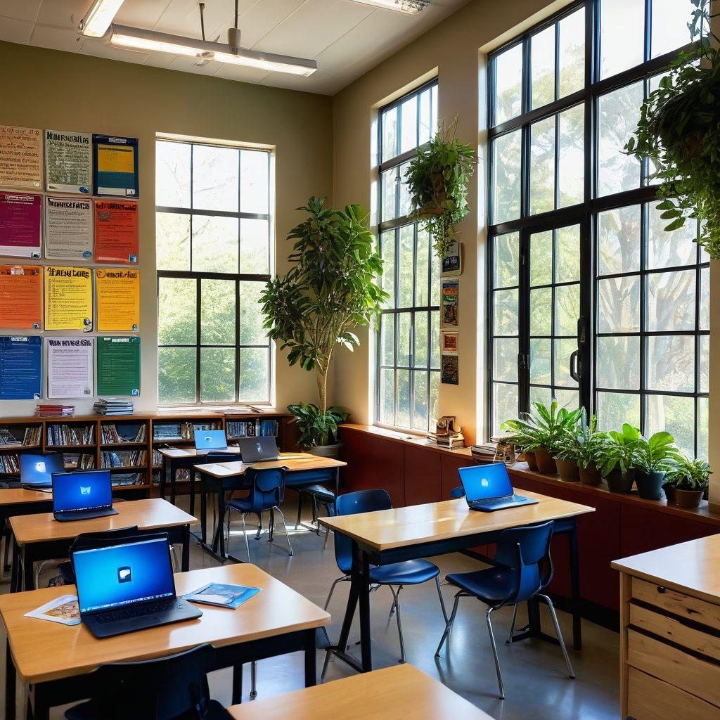 A beautiful, serene classroom setting with a mix of modern technology and nature, featuring a diverse group of students engaging with online resources on sleek laptops. Sunlight filters through large windows, illuminating inspiring educational posters on the walls. Include elements that symbolize creativity and exploration, like books, plants, and art supplies. The atmosphere should convey a sense of enthusiasm for learning. vibrant colors. super-realistic.