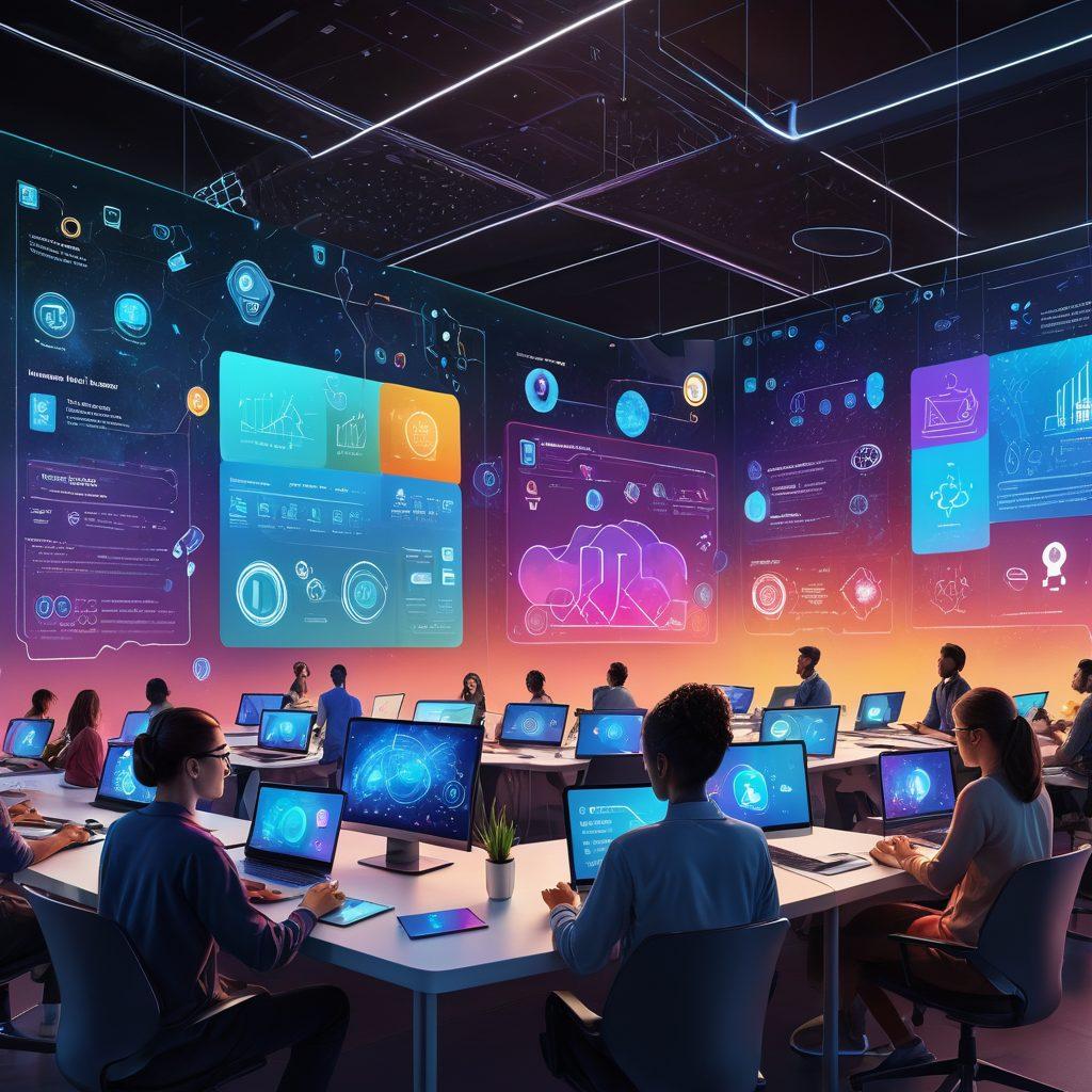 A vibrant digital landscape showcasing a diverse group of people engaged in interactive distance learning on various devices. Include elements like virtual classrooms, online workshops, and skill development tools like books and symbols of learning. The scene should exude a sense of community and collaboration, with colorful infographics floating in the air. Bright colors, modern aesthetic, and a tech-savvy vibe will enhance the theme. super-realistic. vibrant colors.