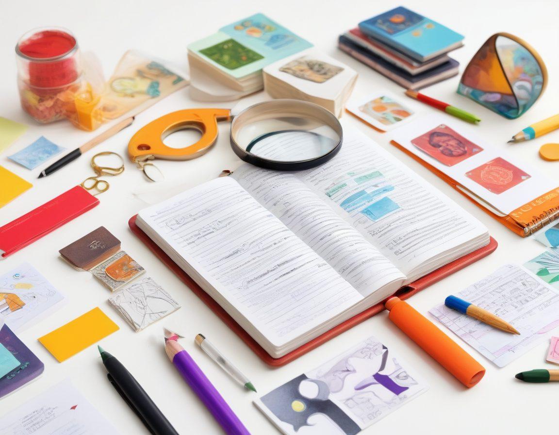 A vibrant collage of beautifully designed educational tools including colorful flashcards, interactive notebooks, and user-friendly digital apps. Incorporate elements like a magnifying glass, books, and creative illustrations to symbolize knowledge acquisition. The background should be bright and inviting, evoking a sense of curiosity and learning. Include diverse people engaged in studying and utilizing these tools together. super-realistic. vibrant colors. white background.